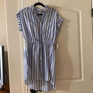 White and Blue stripped dress. Light spring dress with cinching at the waist